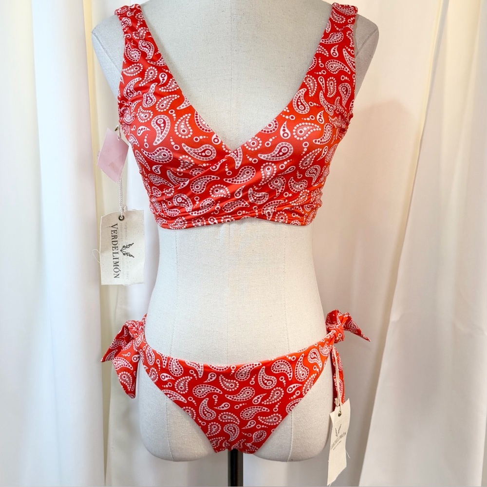 NWT Verdelimon Red ‘Calico Paisley Print’ Tie Bikini Top & Bottom Set Sz Medium
